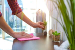 A housewife in a shirt is cleaning the house, wipes dust from the table with a cleaning rag