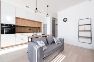 Living room inside of an Airbnb that uses The Magic Helpers for professional rental property cleaning services.