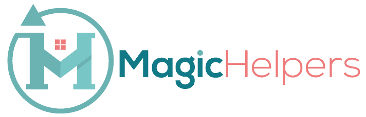 Magic Helpers logo with blue and orange font.