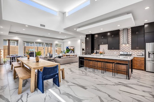 The kitchen of a rental in Austin that has been fully stocked by an Airbnb management company.